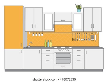 Vector illustration od architectural sketch interior small kitchen front view