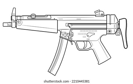 Ilustración vectorial de la ametralladora MP5 con material doblado sobre el fondo blanco. Lado izquierdo.