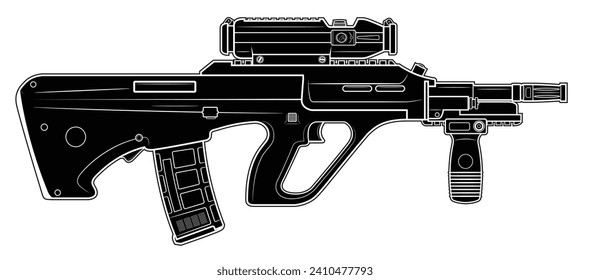 Vector illustration od the Steyr AUG bullpup automatic rifle with short barrel and telescopic sight. Black. Right side.