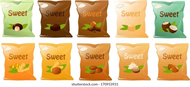 Vector illustration od various bags of chocolate bonbons.