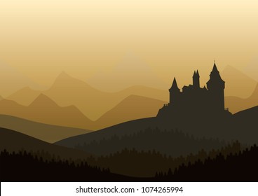 vector illustration odf old castle in the misty mountains  and pine forest landscape