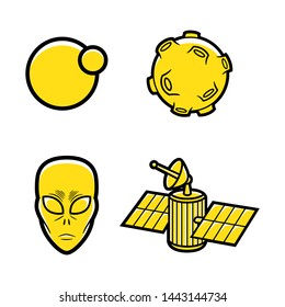 Vector illustration of: a planet with its moon, a planet with craters, an alien head and a communication satellite, in a graphic style, to use like a logo or design element. Cartoon style.