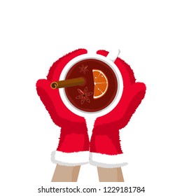 Vector illustration ofands in Christmas mittens hold a cup of mulled wine
