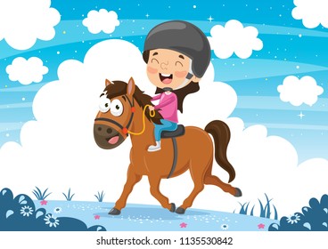 Vector Illustration OfChild Riding Horse	