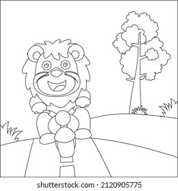 Vector illustration ofcute lion ride a motorcycle, Funny vector illustration, Trendy children graphic with Line Art Design Hand Drawing Sketch Vector illustration For Adult And Kids Coloring Book.