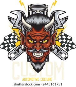 Vector Illustration ofDevil Face with Piston, Two Wrench and Flags with Vintage Illustration Available for Logo Badge