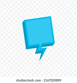 Vector illustration off blue chat bubble with rectangle and lightning arrow shape on transparent background (PNG). Creative 3D vector illustration