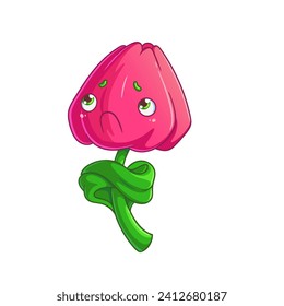 Vector illustration of an offended flower in cartoon style. A cute character who disagrees with something. Tulip sticker for social networks.
