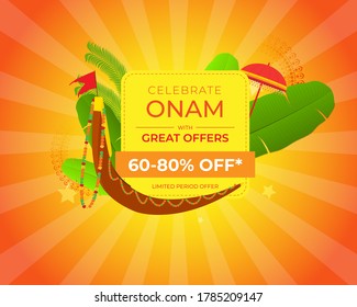VECTOR ILLUSTRATION OF OFFER BANNER , GREETING FOR INDIAN FESTIVAL ONAM MEANS ONAM. FESTIVE BACKGROUND CONCEPT