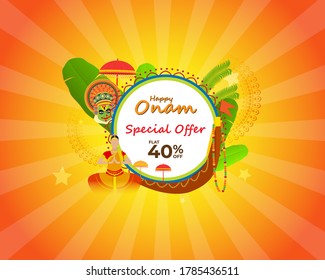 VECTOR ILLUSTRATION OF OFFER BANNER , GREETING FOR INDIAN FESTIVAL ONAM MEANS ONAM. FESTIVE BACKGROUND CONCEPT