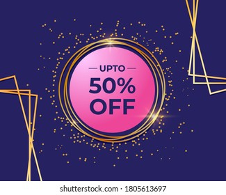 Vector illustration of offer label with round shiny golden frame, sale greeting.