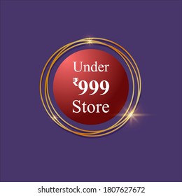 Ilustración vectorial de la etiqueta de oferta con marco dorado brillante redondo, bajo tienda 999, descuento, plantilla de emoticono de venta promocional.