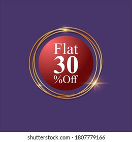 Ilustración vectorial de la etiqueta de oferta con marco dorado brillante redondo, 30% de descuento, descuento, plantilla de etiqueta de venta promocional.