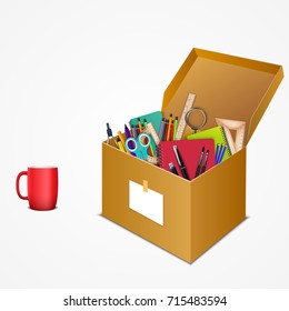 Vector illustration of Office accessories in a cardboard box with a mug