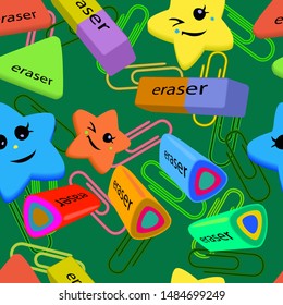 Vector illustration of office attributes. Seamless pattern of colored erasers on a green background.