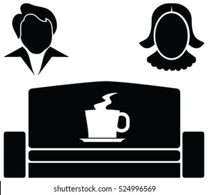 Vector Illustration Of A Office Break And Rest Room With Mug Of Coffee Or Tea, Couch And People Icon. Icon Break. Restroom Icons. 