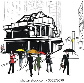 Vector illustration of office building and pedestrians in rain, Wellington New Zealand