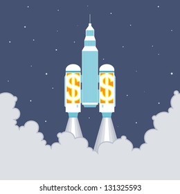 Vector illustration of an office building taking off with two large dollar rockets.