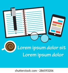 Vector illustration of office and business work elements in flat design. Top view.