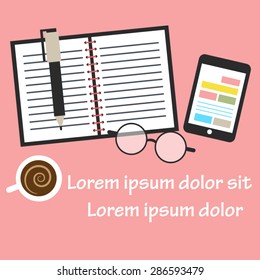 Vector illustration  of office and business work elements in flat design. Top view.