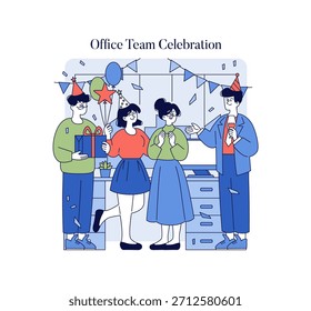 Vector illustration of an office celebration featuring colleagues in party hats exchanging gifts and enjoying the festive atmosphere, with balloons and confetti enhancing the scene.
