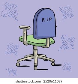 Vektorgrafik eines Bürostuhls mit einer grabsteinförmigen Rückenlehne mit der Aufschrift "RIP". Humorvolles und satirisches Design über Stress am Arbeitsplatz. Perfekt zum Dekorieren von Büros, Blogs und sozialen Medien