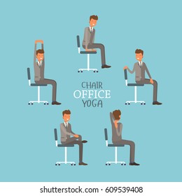 Vector Illustration With Office Chair Yoga. Businessman Doing Workout And Stretching. Man In Suit Exercising On Office Chair. Icon Set On Blue Background.