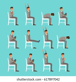 Vector Illustration With Office Chair Yoga. Businessman Doing Sun Salutation Stretching. Man In Suit Exercising On Office Chair. Icon Set On Blue Background.