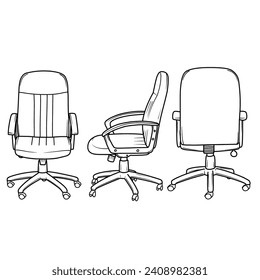 Vector illustration of office chairs hand drawn sketch doodle, Ergonomic with armrest, outline line art in front,side, and rear view, isolated on white background