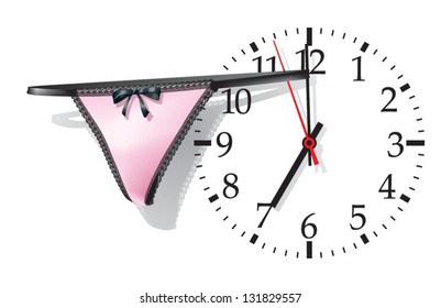 Vector illustration of the office clock face with woman's panties who stopped the time ;-) Three seconds before seven o'clock.