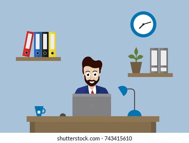 Vector illustration of office with clock, folders and flower on shelf and manager sitting at desk with laptop, mouse, tea and lamp