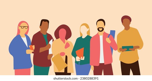 Vector illustration of office colleagues. Group of people in various positions with objects in their hands.