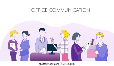
Vector illustration for the office communication with businessmen discuss work, projects, network, social issues with workers and busy with many activities
