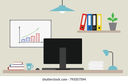 Vector illustration of office with computer, paper and books on desk and files and board with growing graph - Flat design