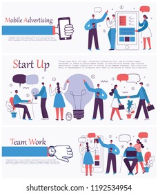 Vector illustration of the office concept business people in the flat style. E-commerce, start up, team work and mobile advertising business co