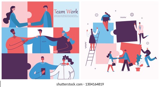 Vector illustration of the office concept business people in the flat style. E-commerce and team work business puzzle concept