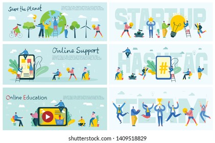 Vector illustration of the office concept business people in the flat style.Save the planet, Online education, Hashtag, Start up and team work business concept