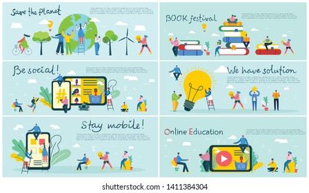 Vector illustration of a office concept.  Business people in flat style. Save the planet, Online education, Hashtag, Start up and team work business concept