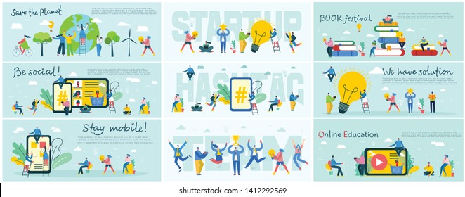 Vector illustration of a office concept. Business people in flat style. Save the planet, Online education, Hashtag, Start up and team work business concept