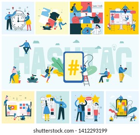 Vector illustration of the office concept business people in the flat style. Hashtag and team work business concept 