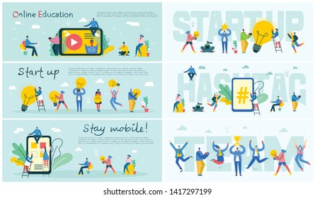 Vector illustration of a office concept. Business people in flat style. Stay mobile, Online education, Hashtag, Start up and team work business concept