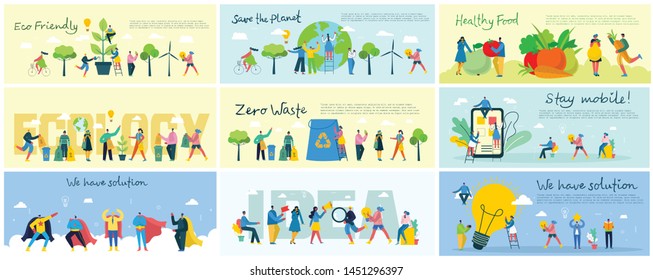 Vector illustration of a office concept. Business people in flat style. Stay mobile, We have solution, Start up, Save the planet, Ecology and team work business concept