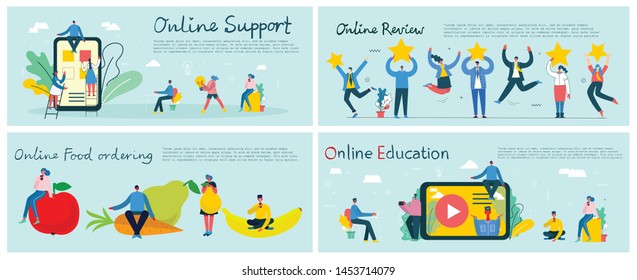 Vector illustration of a office concept. Business people in flat style. Online support, Online review, Online education  and Online food ordering concept