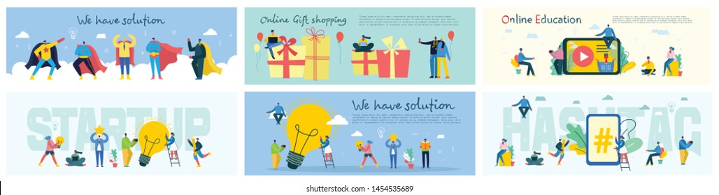 Vector illustration of a office concept. Business people in flat style. Online education, We have solution, Hashtag, Start up, Onling shopping and team work business concept