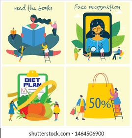 Vector illustration of the office concept business people in the flat style. E-commerce, Diet plan, Face recognition and Team work business concept