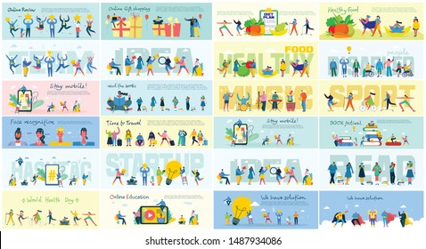 Vector Illustration Of A Office Concept. Business People In Flat Style. Stay Mobile, Online Education, Start Up, Save The Planet, Ecology Background And Team Work Business Concept