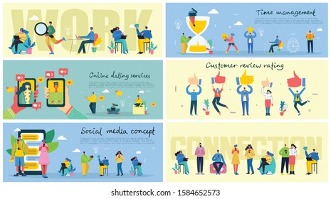 Vector illustration of a office concept. Business people in flat style. Connection, Online review, Online dating, Time management, Start up and team work business concept