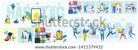 Vector illustration of the office concept business people in the flat style. Hashtag and team work business concept 