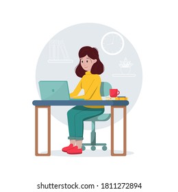 Vector illustration: office concept, woman working from home with laptop, student or freelancer.