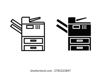 Vector illustration of an office copier machine presented in both line art and solid black icon styles. Features include a document feeder and drawers.